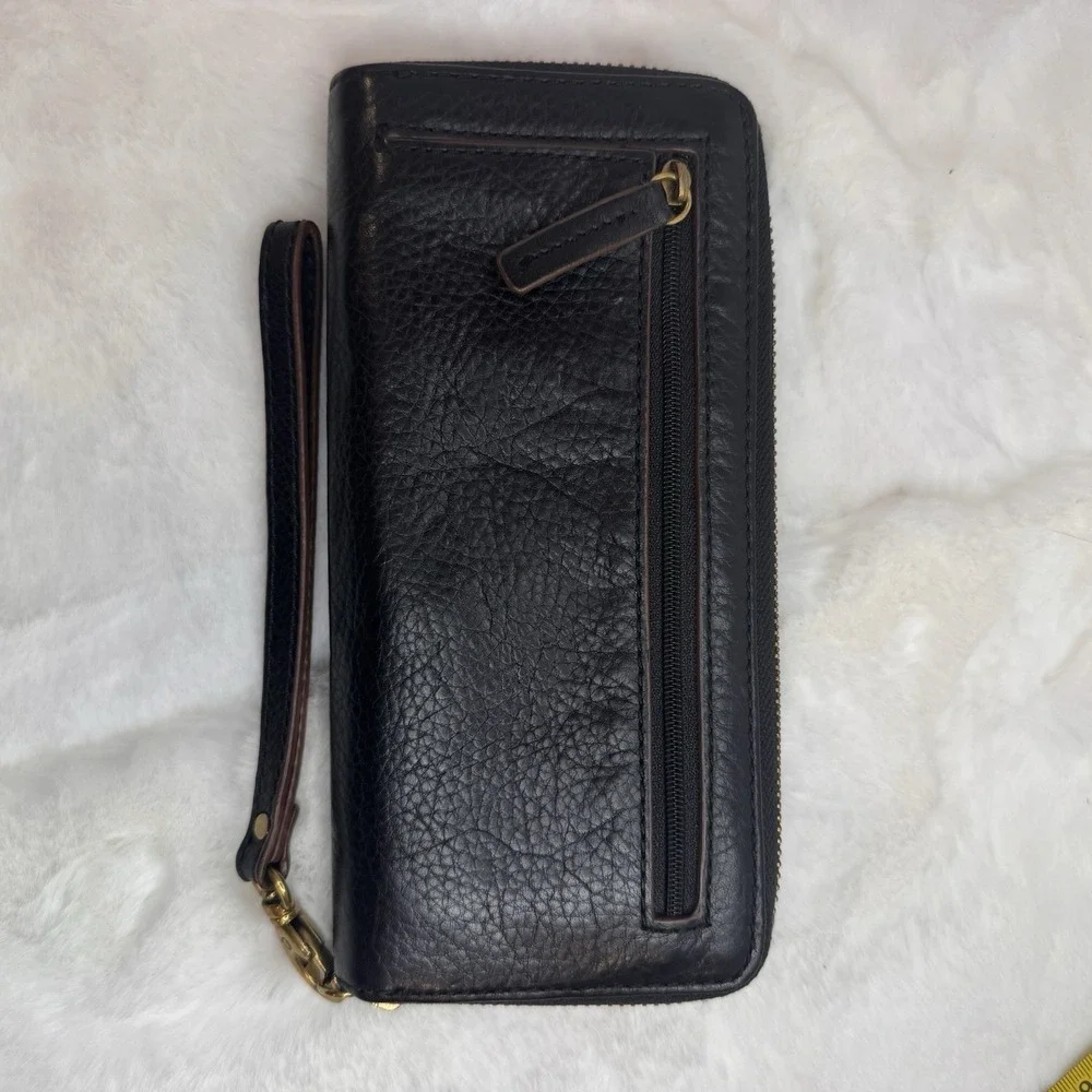 Fossil Black Pebbled Leather long Trifold Wallet For Women With Gold Hardware